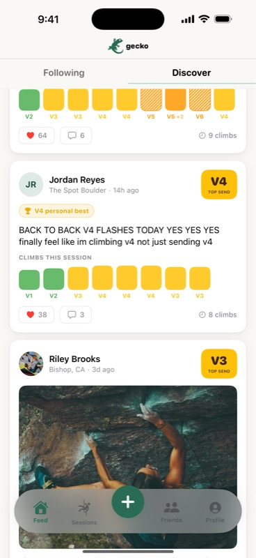 Discover feed with friends' V4 flashes and outdoor sends