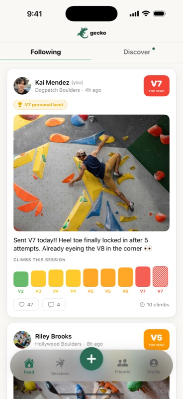 Gecko Climbing feed showing a V7 send with climb-arc pills